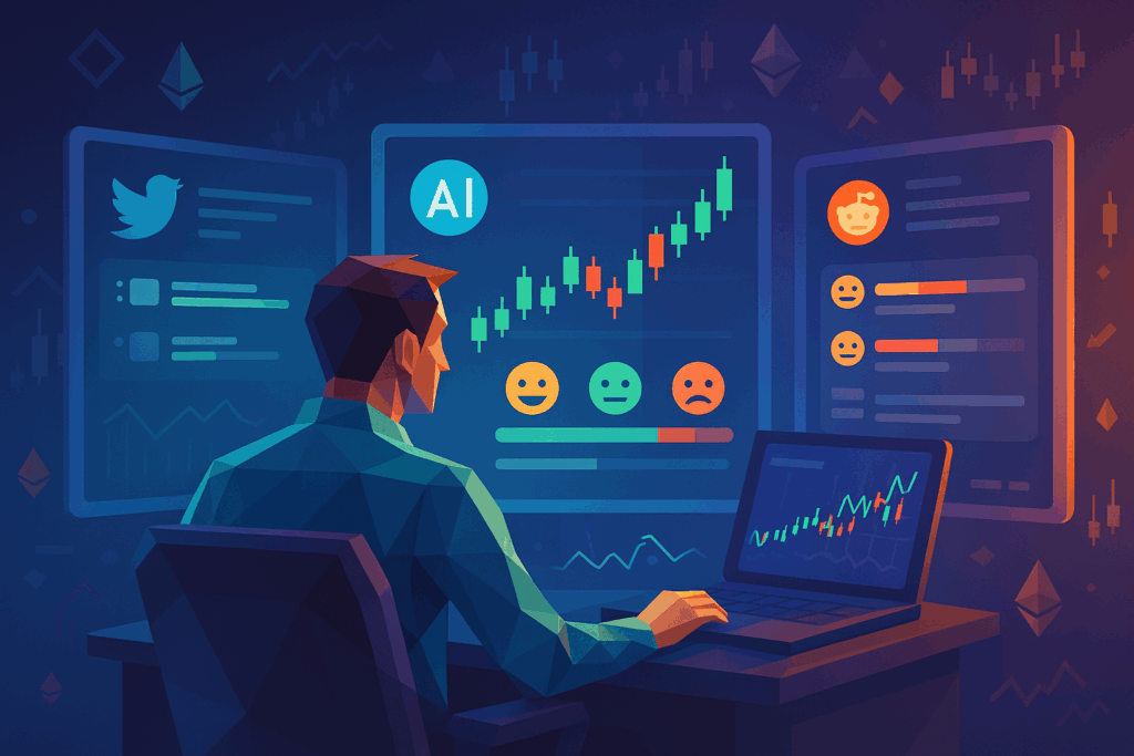 AI Crypto Sentiment Analysis: A Trader’s Guide (2025) AI trader analyzing crypto sentiment from X/Twitter and Reddit on holographic screens in a low-poly futuristic trading setup