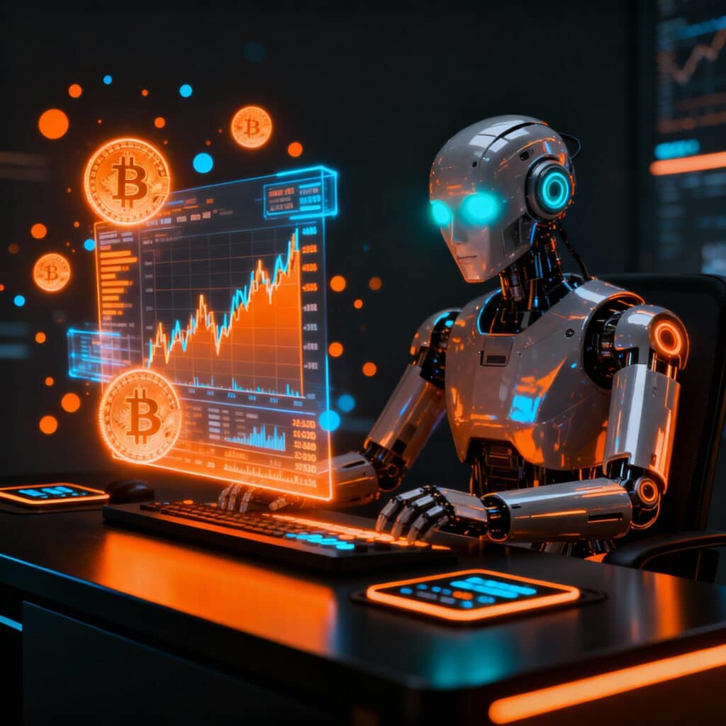 AI in Crypto Trading: Overview and How It Works Futuristic AI robot analyzing real-time cryptocurrency charts with glowing data