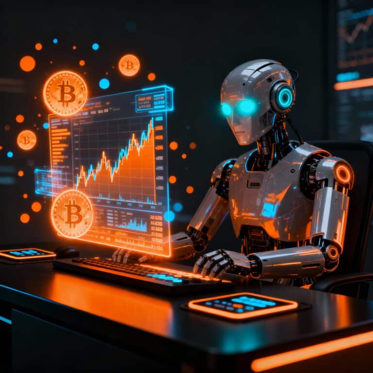 Futuristic AI robot analyzing real-time cryptocurrency charts with glowing data