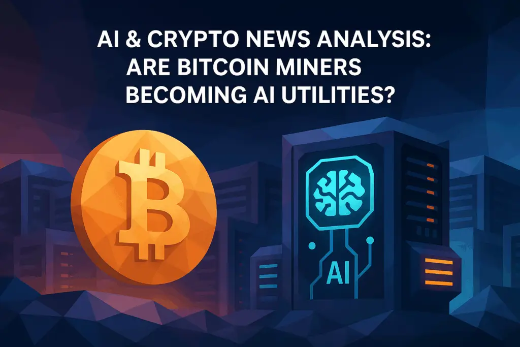 Low-poly illustration of a Bitcoin coin and an AI data center side by side, symbolizing Bitcoin miners evolving into AI utilities