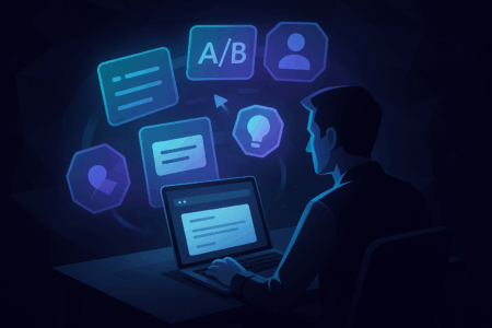 Low-poly illustration of a marketer using AI tools to write marketing emails, with floating subject line and personalization icons on a dark tech background.