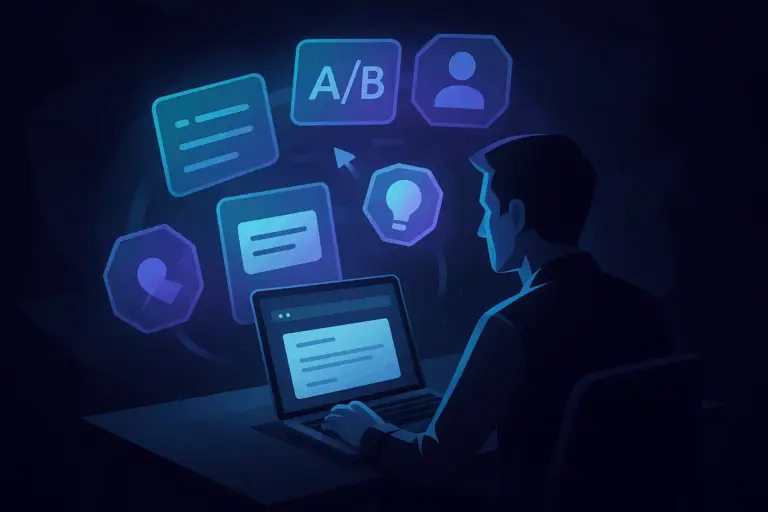 Low-poly illustration of a marketer using AI tools to write marketing emails, with floating subject line and personalization icons on a dark tech background.