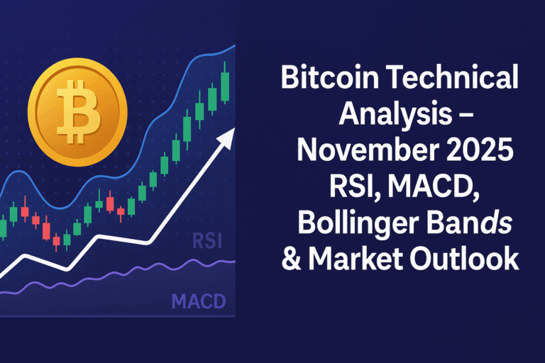 Bitcoin BTC/USDT daily candlestick chart November 2025 showing RSI indicator at 33.55 oversold, MACD negative histogram -642.70, Bollinger Bands with support at $100,291 and resistance at $116,526, key price levels marked