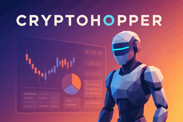 CryptoHopper logo above a futuristic AI trading bot dashboard in low-poly crypto style, 16:9 cover image