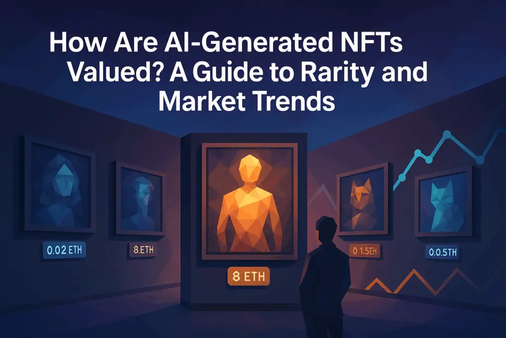 How Are AI-Generated NFTs Valued? Rarity & Market Trends Low-poly gallery of AI-generated NFTs with different ETH prices and a market trend chart, illustrating how AI NFTs are valued