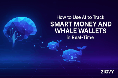 AI scanning blockchain whale wallets with neural network brain and wallet icons over a glowing grid