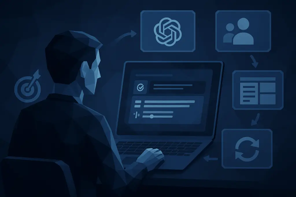 Low-poly illustration of a marketer typing a structured prompt into an AI chat interface, with five floating cards showing a prompt framework.