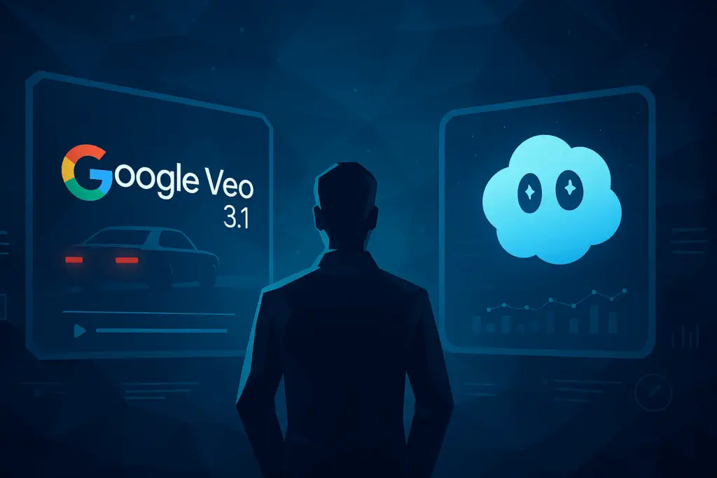 Sora 2 vs Veo 3.1 for Marketers: Which AI Video Tool Wins? Low-poly futuristic illustration of a marketer comparing two AI video generators for campaigns.