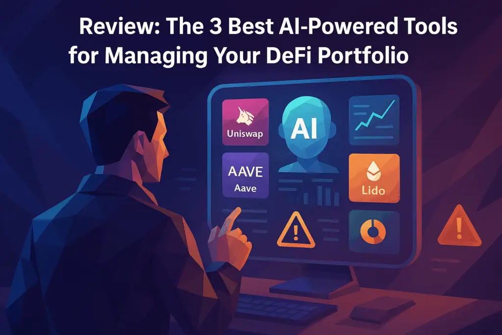 Review: 3 Best AI-Powered Tools for Your DeFi Portfolio (2025) Low-poly illustration of a DeFi trader using an AI-powered dashboard showing Uniswap, Aave, Lido and portfolio analytics