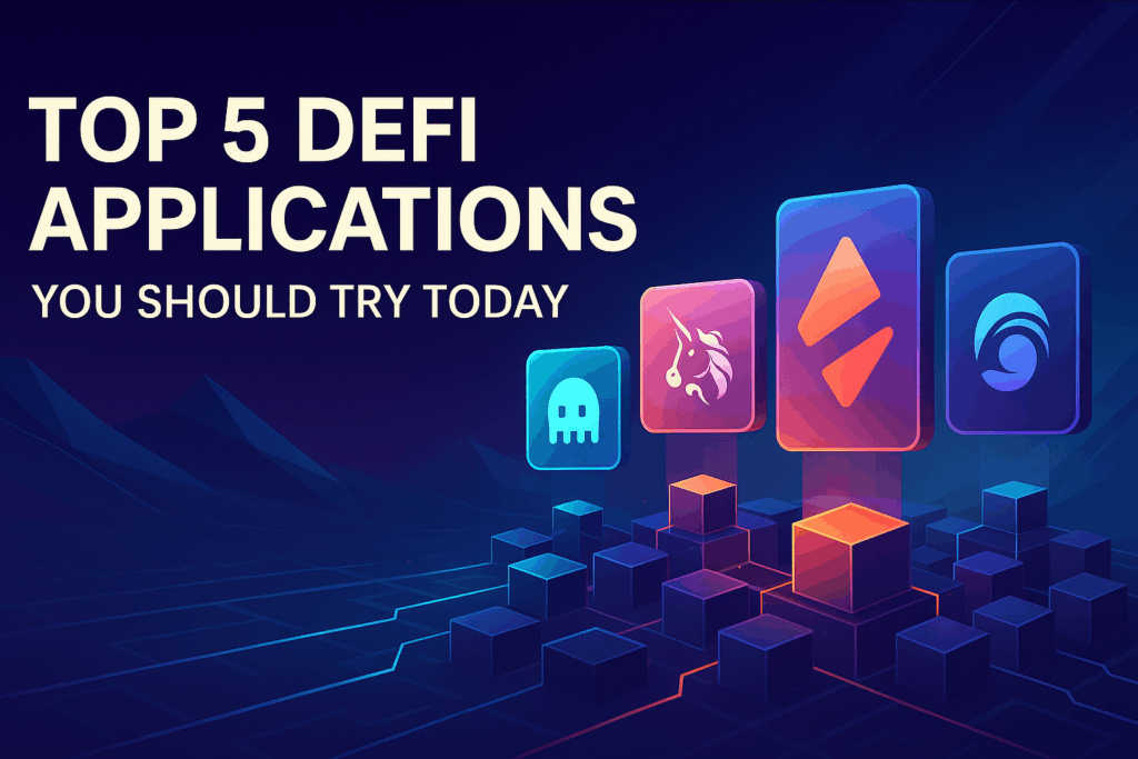 Top 5 DeFi Applications You Should Try Today (2025 Guide) Futuristic DeFi dashboard showing Aave, Uniswap, Yearn Finance and other top DeFi applications on a glowing blockchain interface