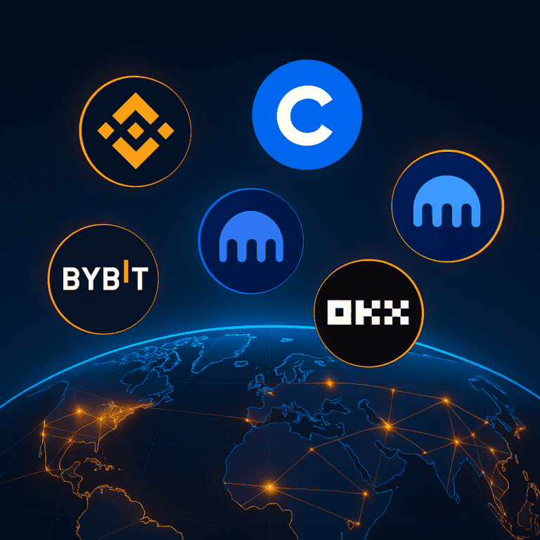 Modern cryptocurrency exchange trading dashboard showing portfolio, charts, and trading features