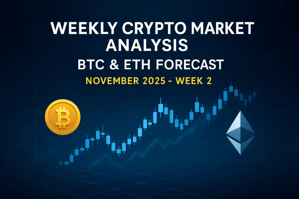 Weekly Crypto Market Analysis – BTC & ETH Forecast (November 2025, Week 2) Low-poly dark blue illustration showing Bitcoin and Ethereum icons with a weekly candlestick chart for November 2025 – Week 2.