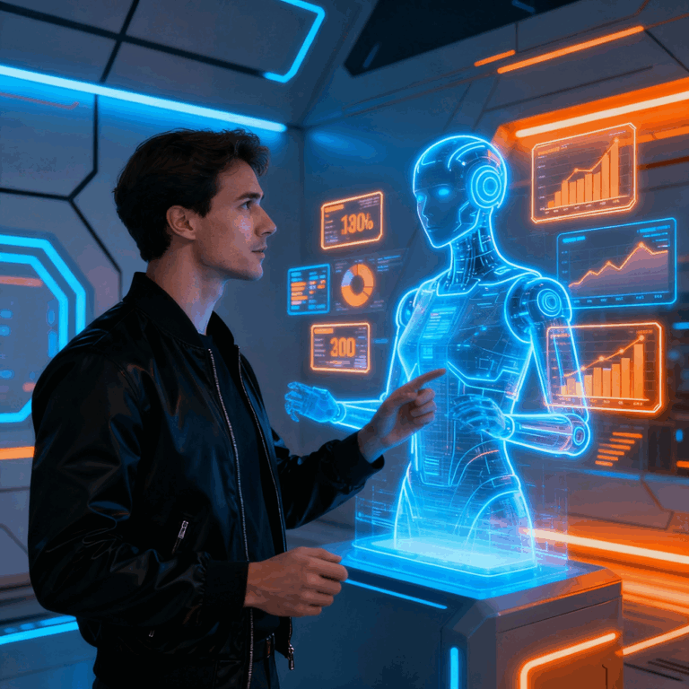 Digital marketer collaborating with AI assistant surrounded by glowing data, blue-orange neon lighting