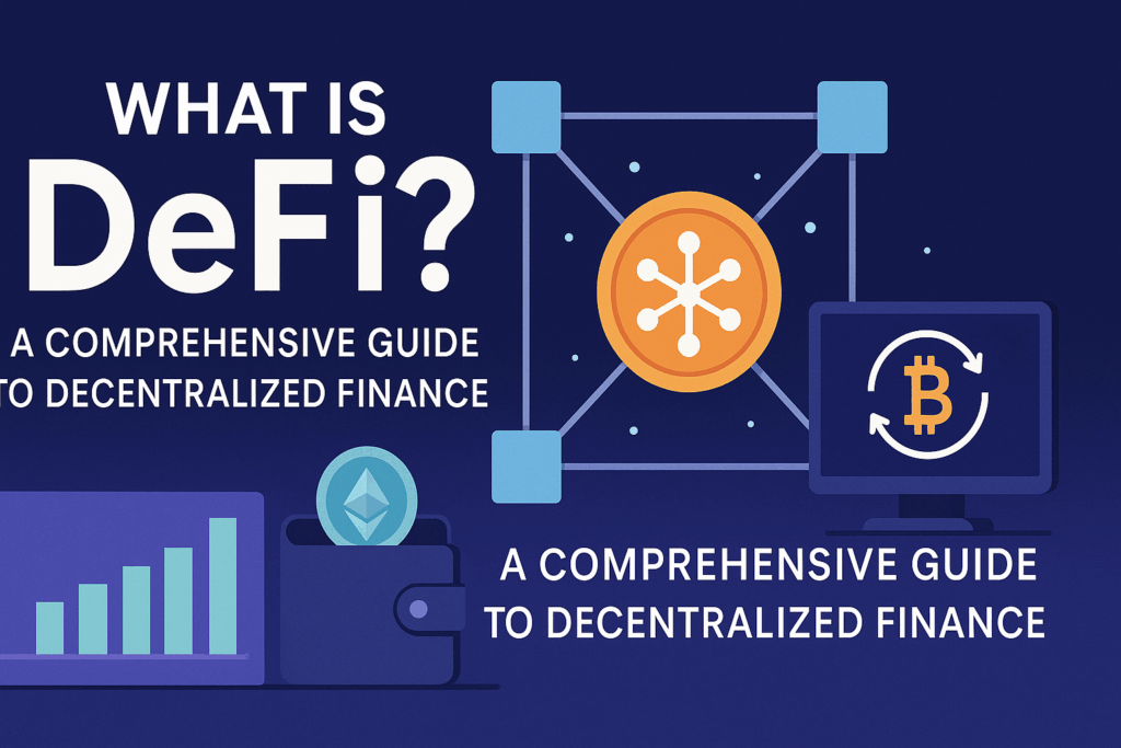 What is DeFi? A Comprehensive Guide to Decentralized Finance (2025) DeFi ecosystem showing Ethereum blockchain at center connected to DEXs, lending protocols, staking services, and other DeFi applications
